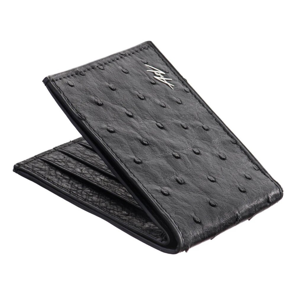 Handmade Ostrich Leather Wallet – Minimalist Look - Raven Color